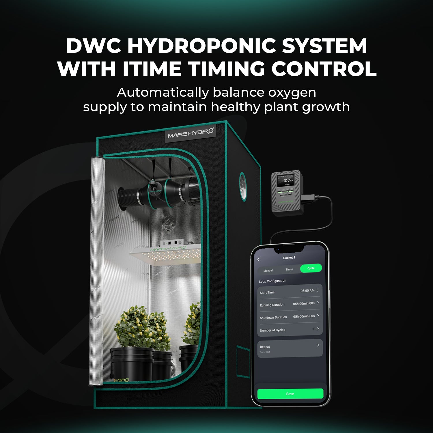 Vier Mars Hydro DWC-Eimer in einem Growzelt installiert – professionelles Indoor-Setup für maximale Effizienz.