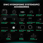 4-Eimer DWC-Set Lieferumfang: Luftpumpe, Luftschläuche, 8-Zoll-Netztöpfe, Tonkiesel und Wasserstandsanzeiger.