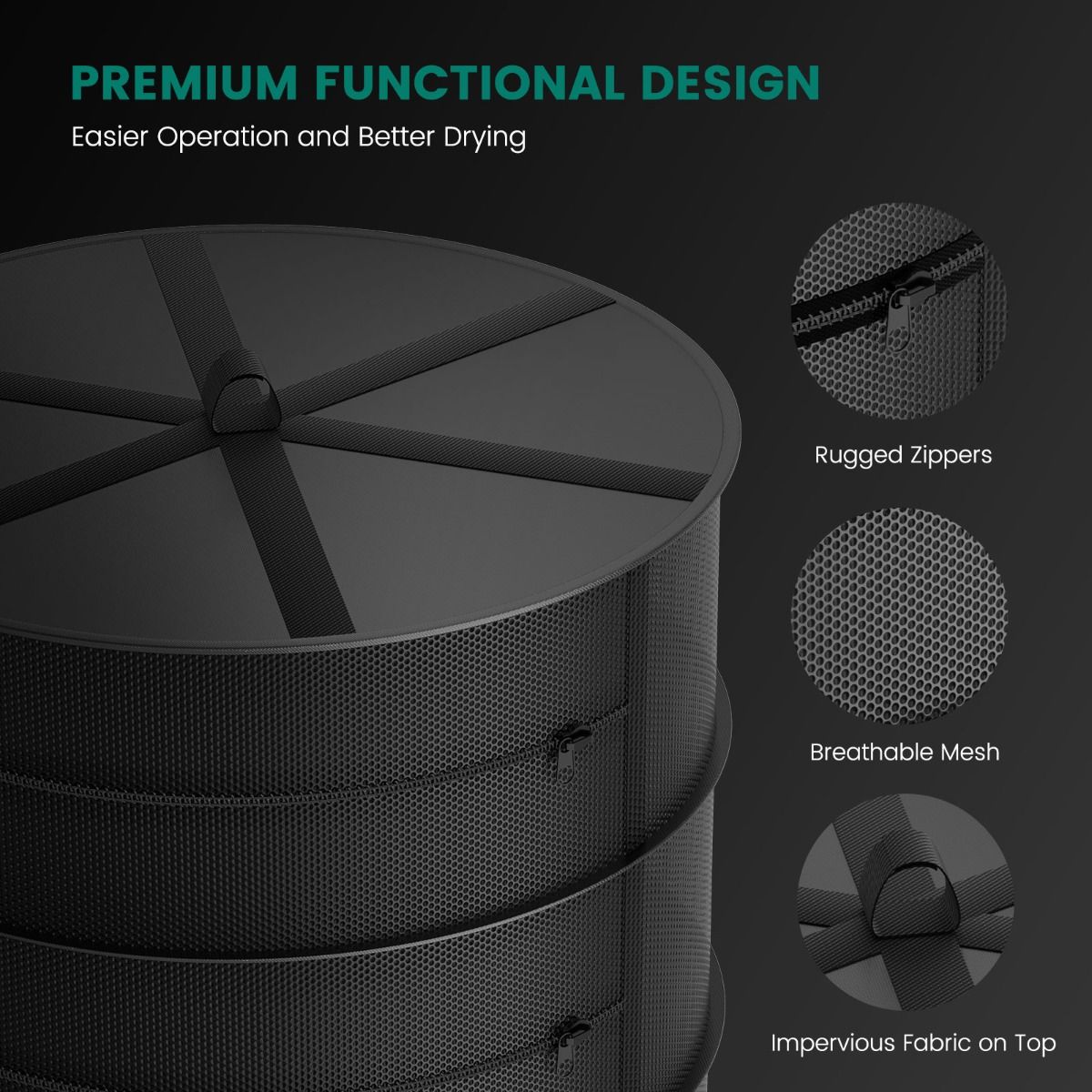 Detailansicht des atmungsaktiven Mesh-Gewebes für optimale Luftzirkulation beim Trocknen.