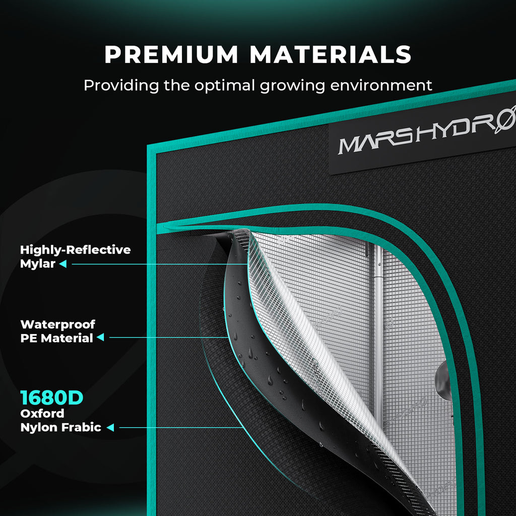Mars Hydro grow tent smart kit with reflective mylar lining, 1680D Oxford outer fabric and waterproof PE material