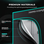 Mars Hydro grow tent smart kit with reflective mylar lining, 1680D Oxford outer fabric and waterproof PE material