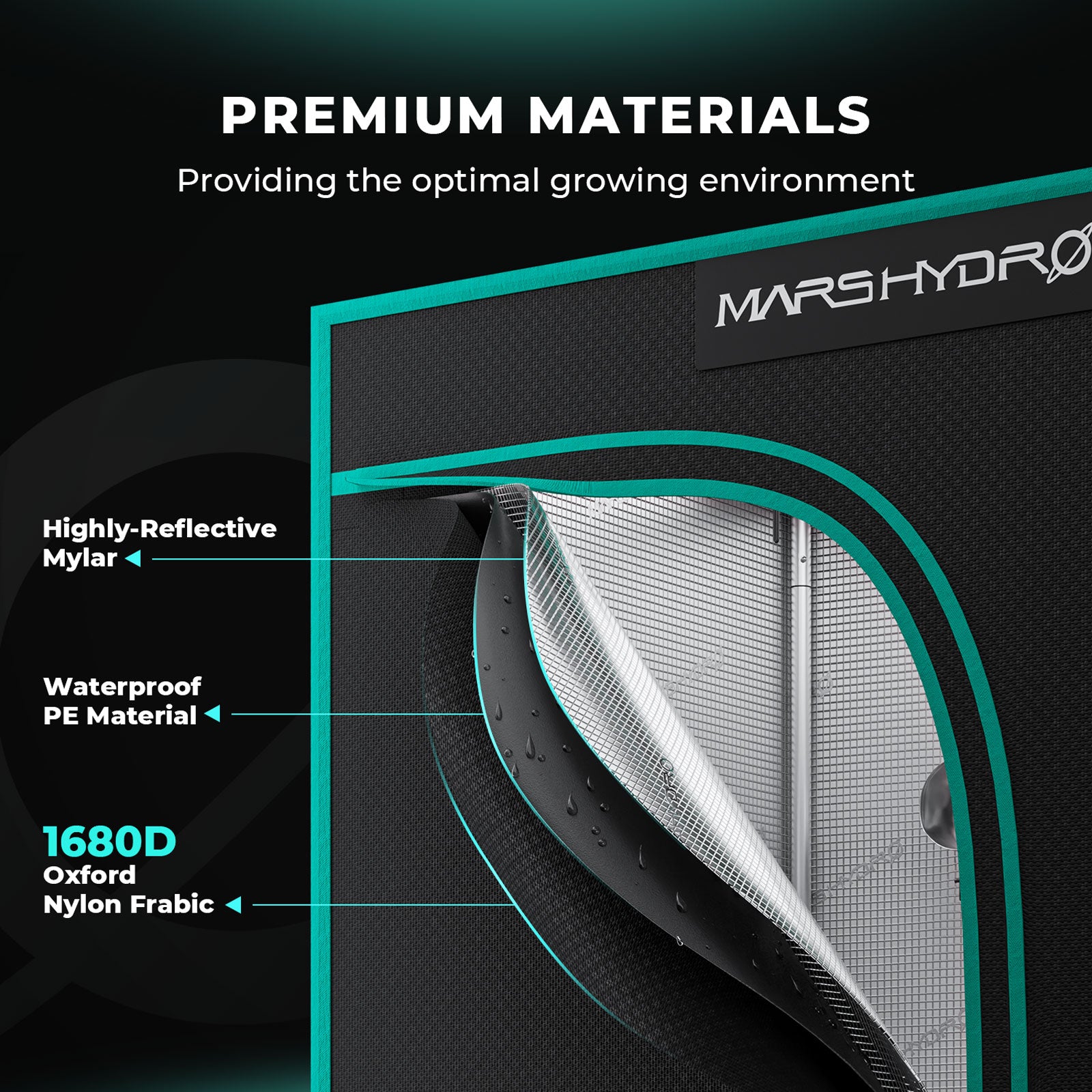 Mars Hydro grow tent smart kit with reflective mylar lining, 1680D Oxford outer fabric and waterproof PE material
