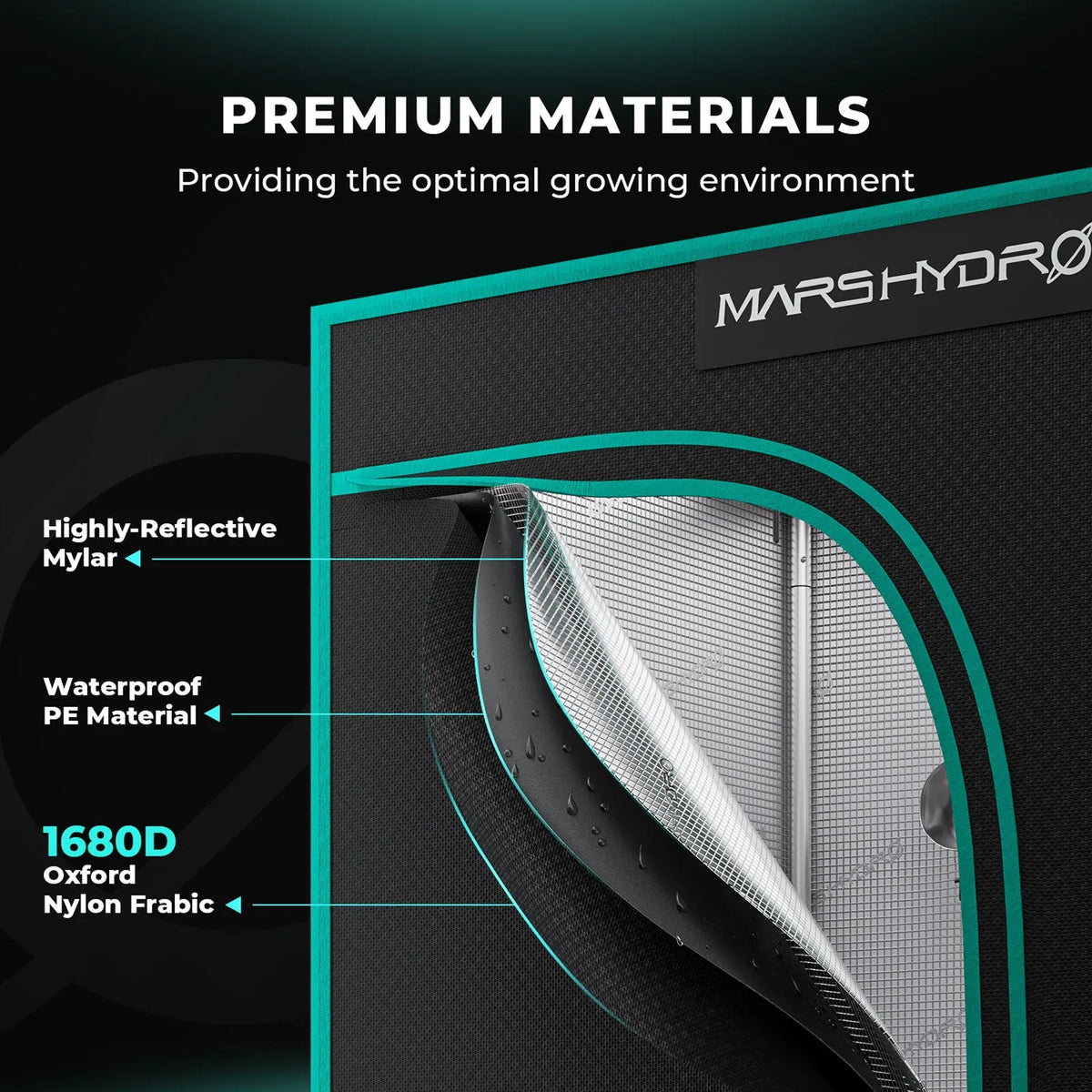 Mars Hydro grow tent smart kit with reflective mylar lining, 1680D Oxford outer fabric and waterproof PE material