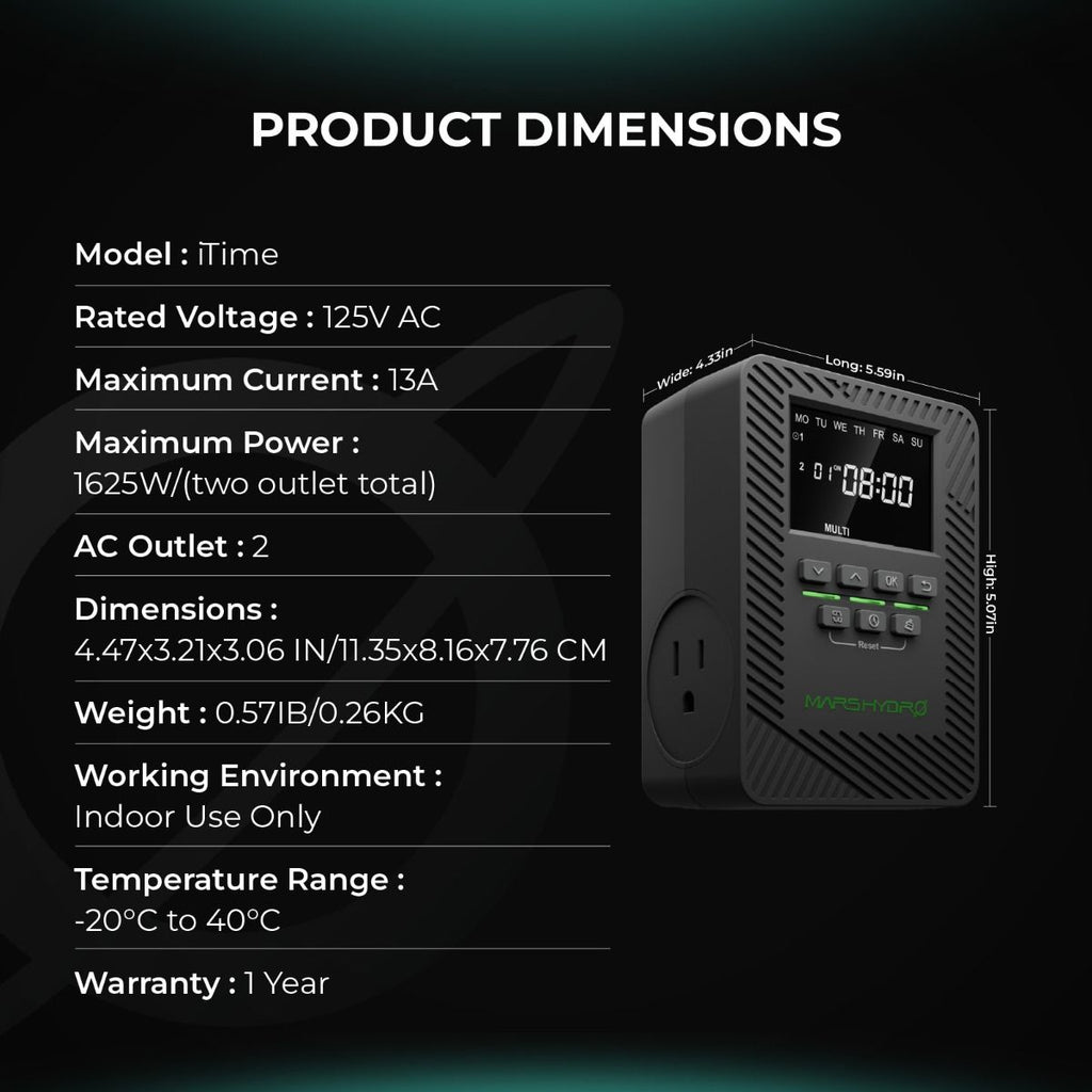 Kompakter Mars Hydro iTime Smart Timer mit EU-Standardstecker – Platzsparendes Design für Mehrfachsteckdosen im Growzelt zur einfachen Automation von Zubehörgeräten.