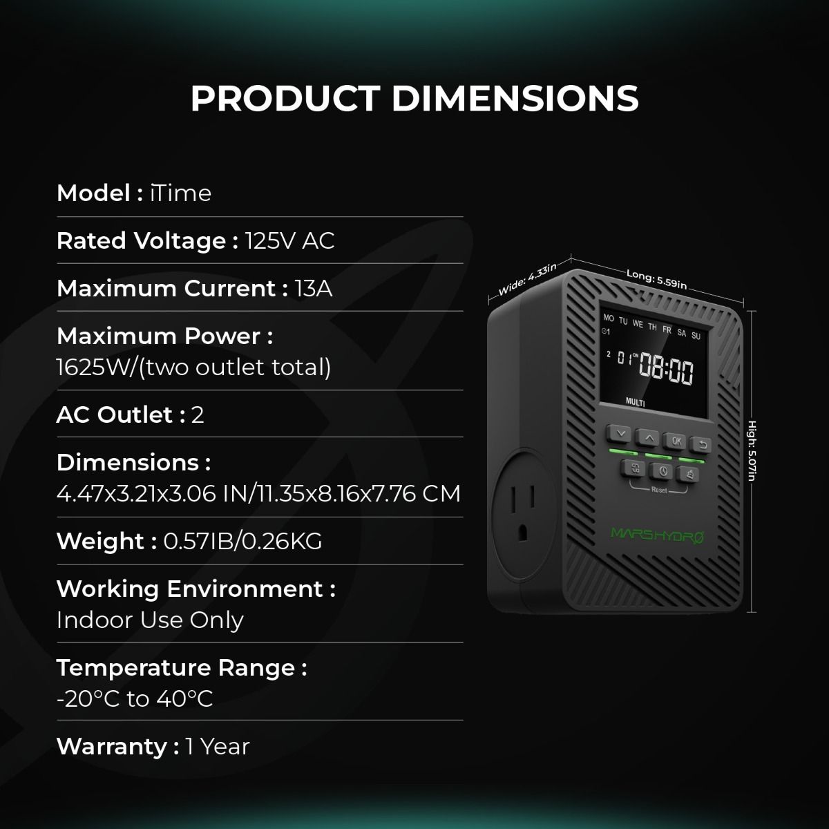 Kompakter Mars Hydro iTime Smart Timer mit EU-Standardstecker – Platzsparendes Design für Mehrfachsteckdosen im Growzelt zur einfachen Automation von Zubehörgeräten.