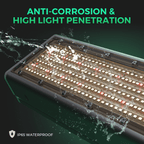 Mars Hydro SP 3000 LED grow light in dark gray with water splash, IP65 waterproof LED bar style cooling fins
