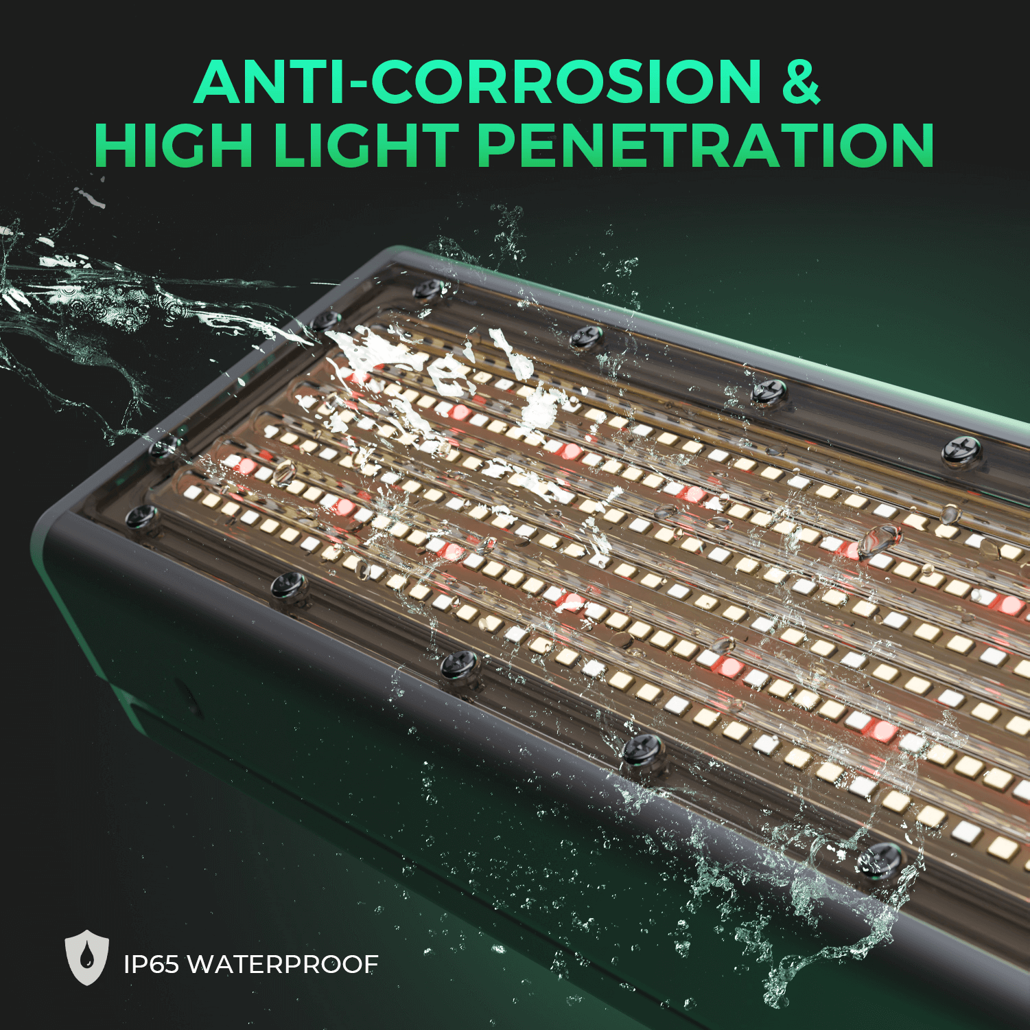 Mars Hydro SP 3000 LED grow light in dark gray with water splash, IP65 waterproof LED bar style cooling fins