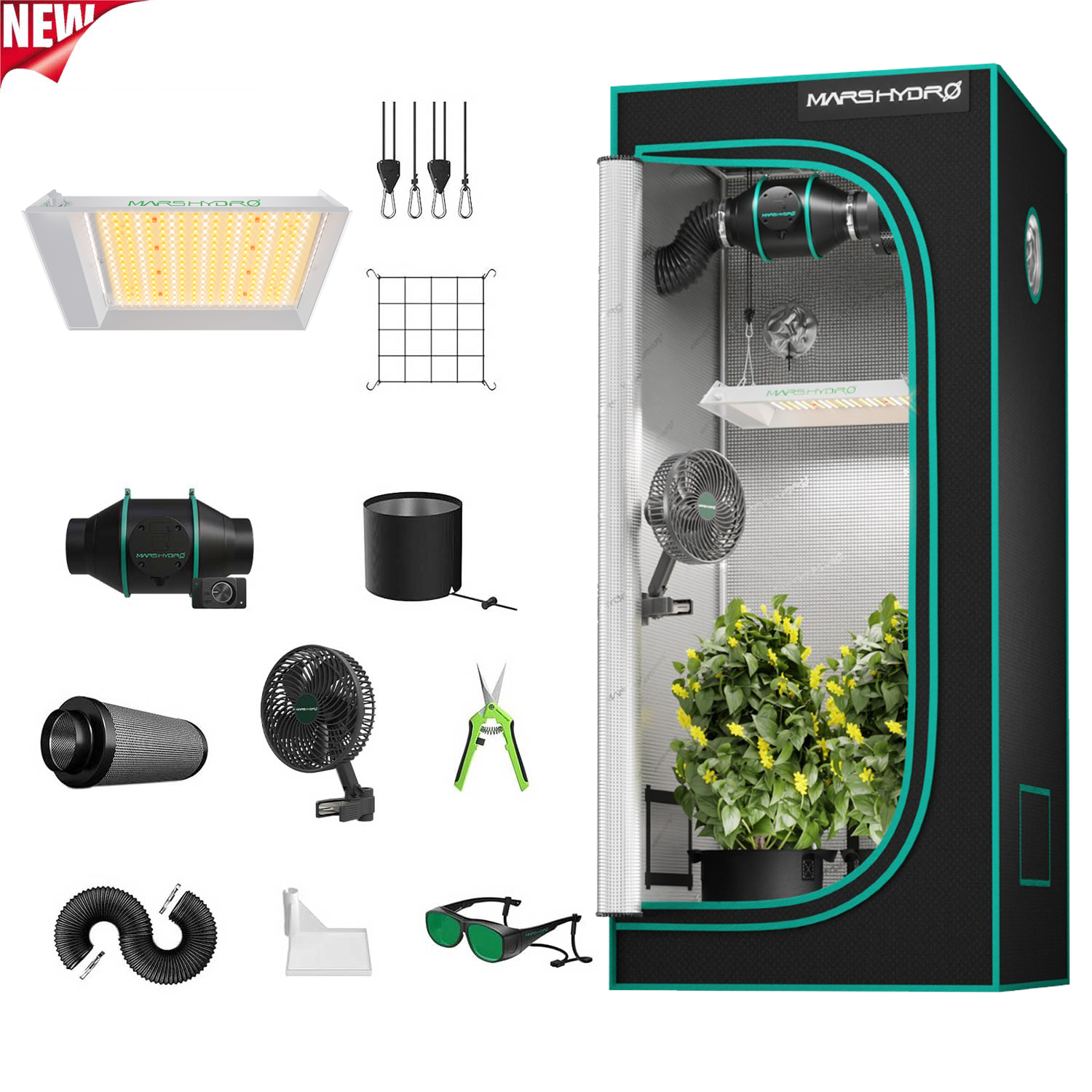 Mars Hydro TS 600 Komplett-Set Übersicht mit 100W LED und 60x60cm Zelt.