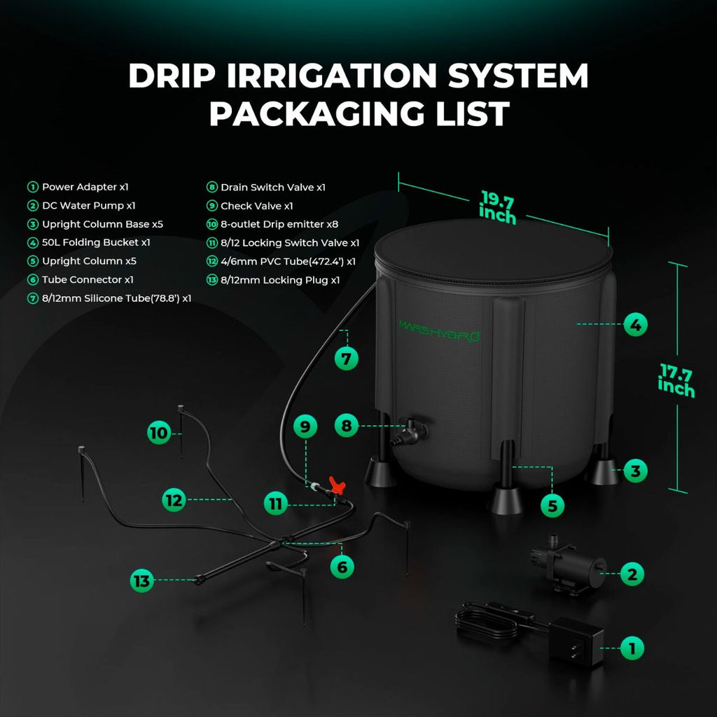 Lieferumfang Mars Hydro Bewässerungs-Kit: 50L Falt-Eimer, 24W Pumpe, 8 Tropfer und Schlauchset – Alles für die präzise und automatische Pflanzenbewässerung.