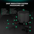 Lieferumfang Mars Hydro Bewässerungs-Kit: 50L Falt-Eimer, 24W Pumpe, 8 Tropfer und Schlauchset – Alles für die präzise und automatische Pflanzenbewässerung.