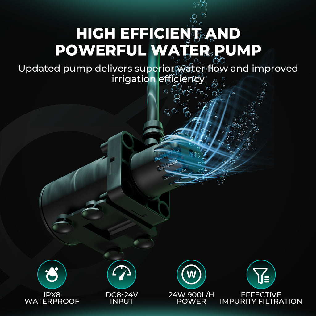 Leistungsstarke 24W Wasserpumpe (900L/h) mit Trockenlaufschutz – Schaltet bei weniger als 5 cm Wasserstand automatisch ab für maximale Sicherheit im Growzelt.