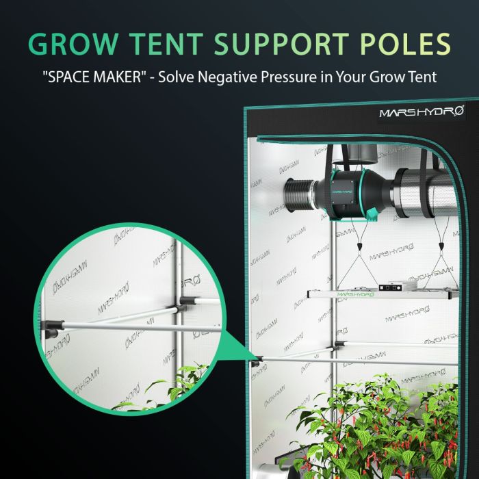 Seitenansicht der installierten Support-Poles im Mars Hydro 150x150cm Zelt.