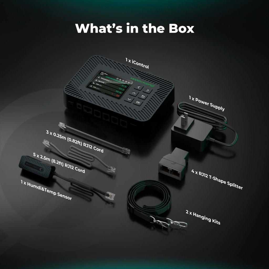 Lieferumfang Mars Hydro iControl Set: Controller, 3-in-1 Sensor, Netzteil, Hanging-Kits und umfangreiches RJ12-Kabelpaket für die sofortige Installation.