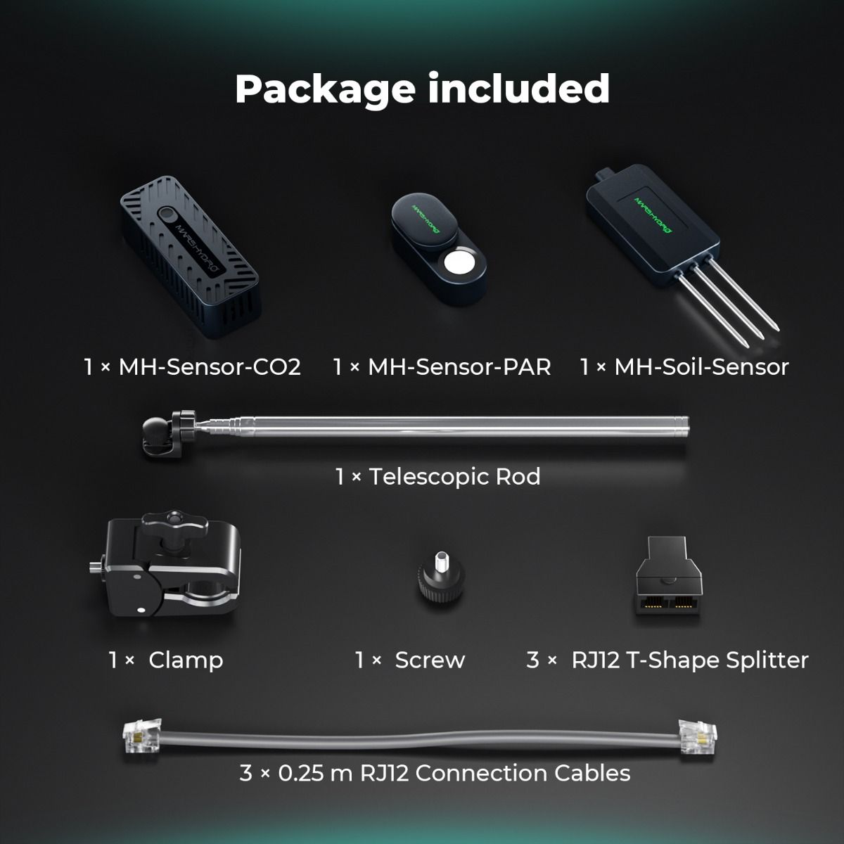 Lieferumfang Mars Hydro Smart Sensor Kit: CO2-Sensor, PAR-Meter, Bodensensor und RJ12-Zubehör – Alles für die datengestützte Optimierung deines Indoor-Gartens.