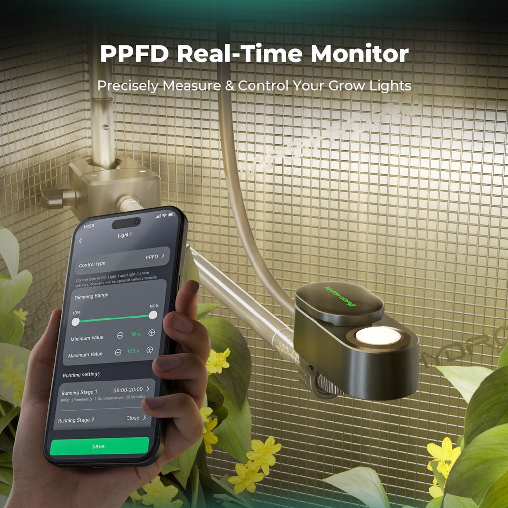 Echtzeit-Datenvisualisierung des Mars Hydro Sensor Kits in der App – Volle Transparenz über VPD, PPFD und CO2-Werte für professionelle Grower und Daten-Enthusiasten.