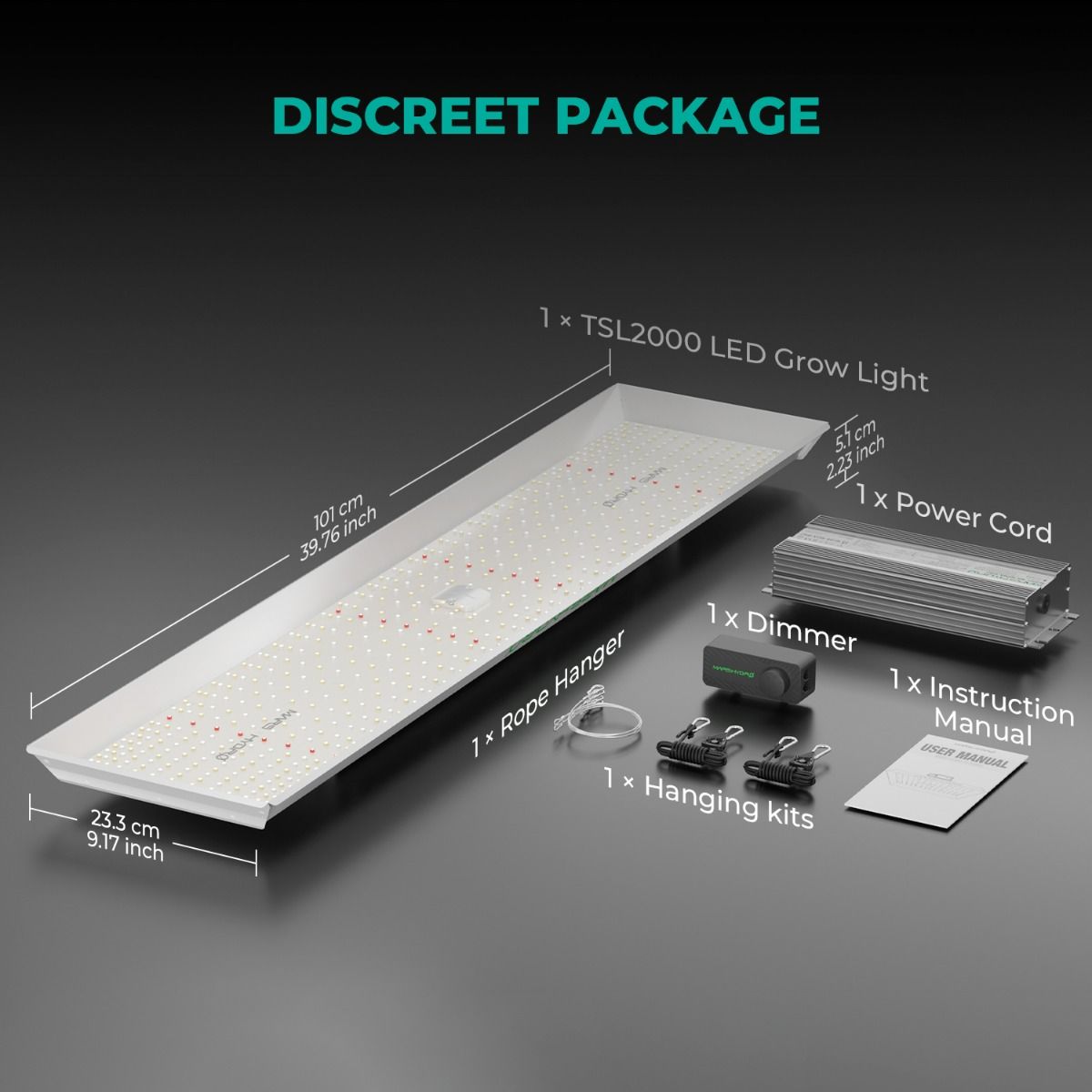 Lieferumfang Mars Hydro TSL 2000 mit Aufhängung und Kabelset