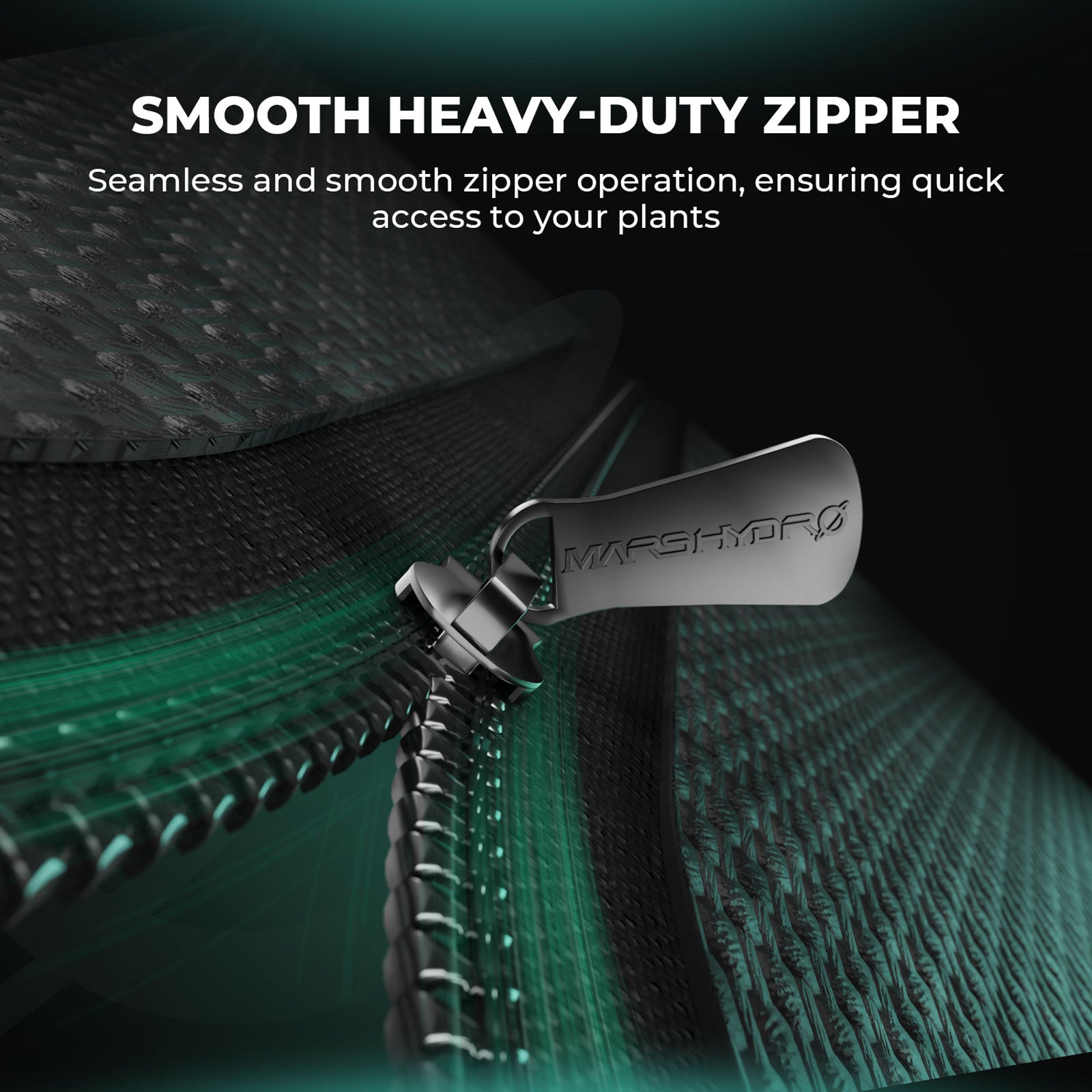Detailaufnahme des Smooth Heavy-Duty Zippers: Robuster Metall-Reißverschluss mit spezialisierter Lichtschutz-Lippe für reibungslose Bedienung ohne Lichtleckage.