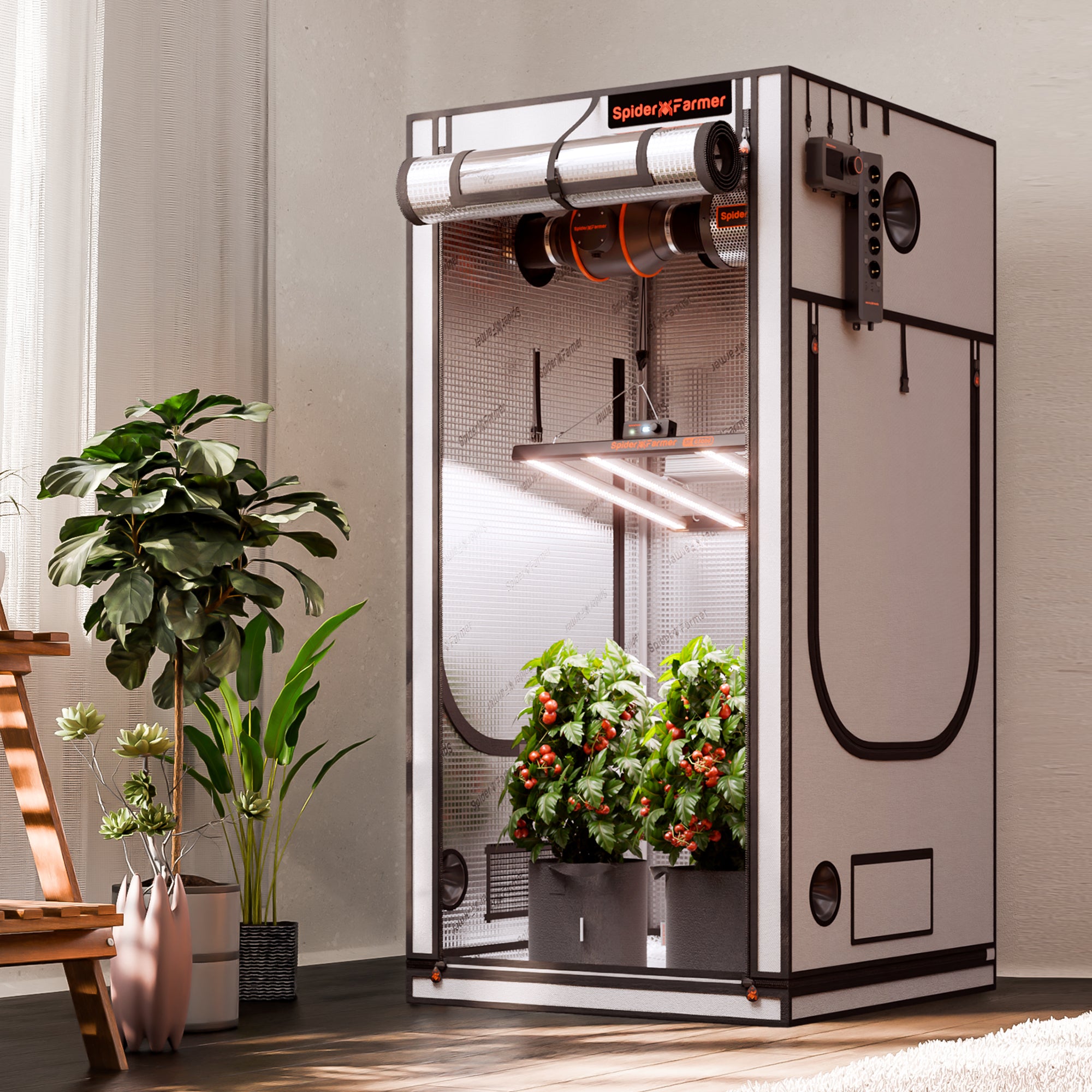 Wohnraum-Ästhetik: Weißes Spider Farmer Pro Growzelt, konzipiert für die diskrete Integration in moderne Räume.