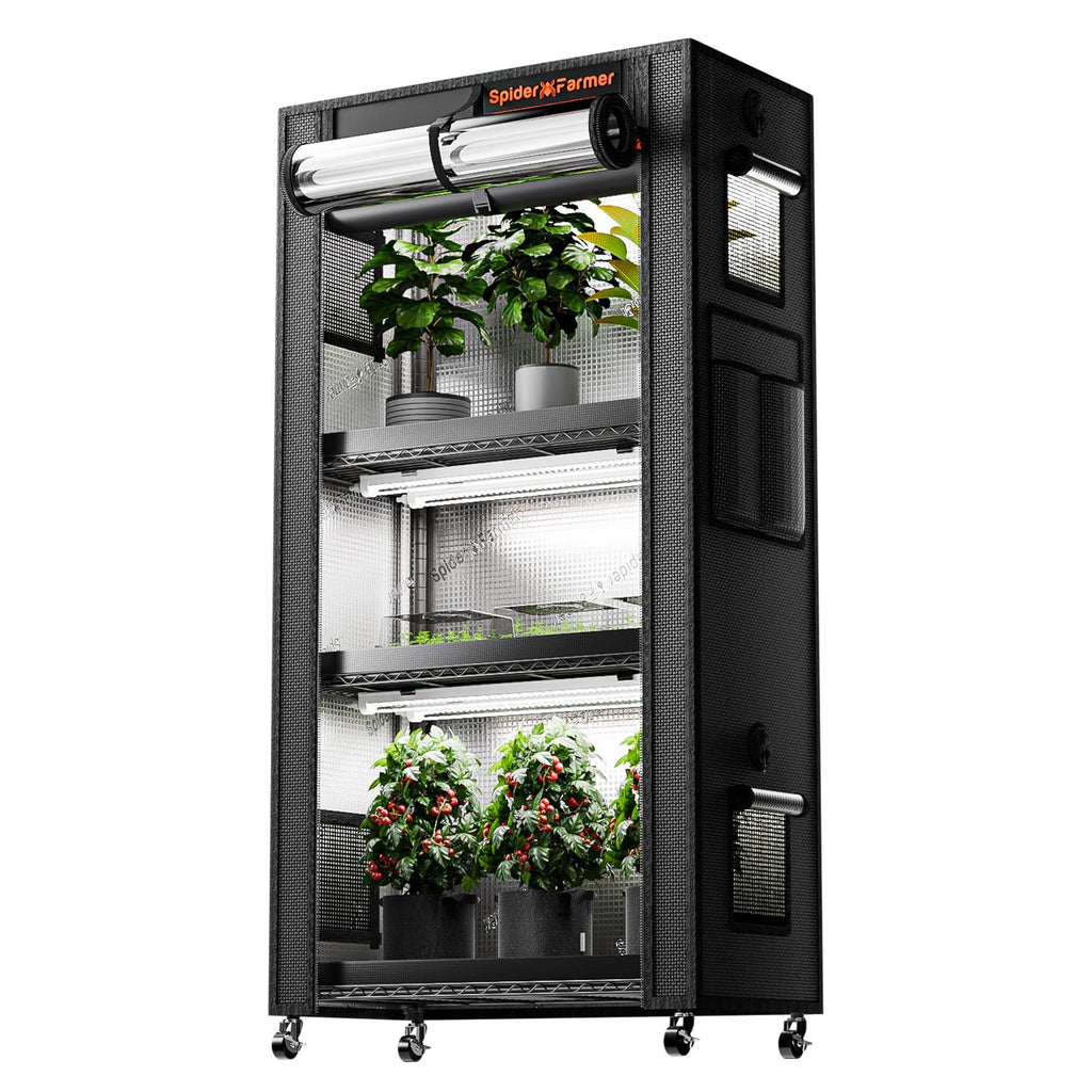 Spider Farmer 4-Etagen Pflanzen Stand mit 108W LED-Beleuchtung und 1680D Zelt.
