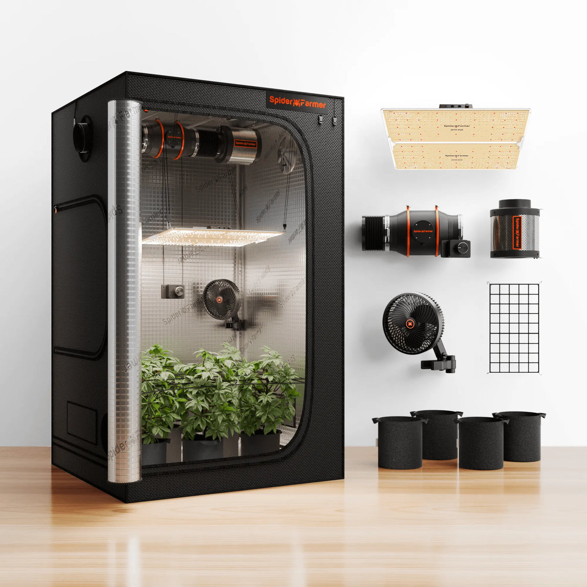Spider Farmer SF4000 Komplettset 120x120x200cm grow tent black with front window and included LED grow light