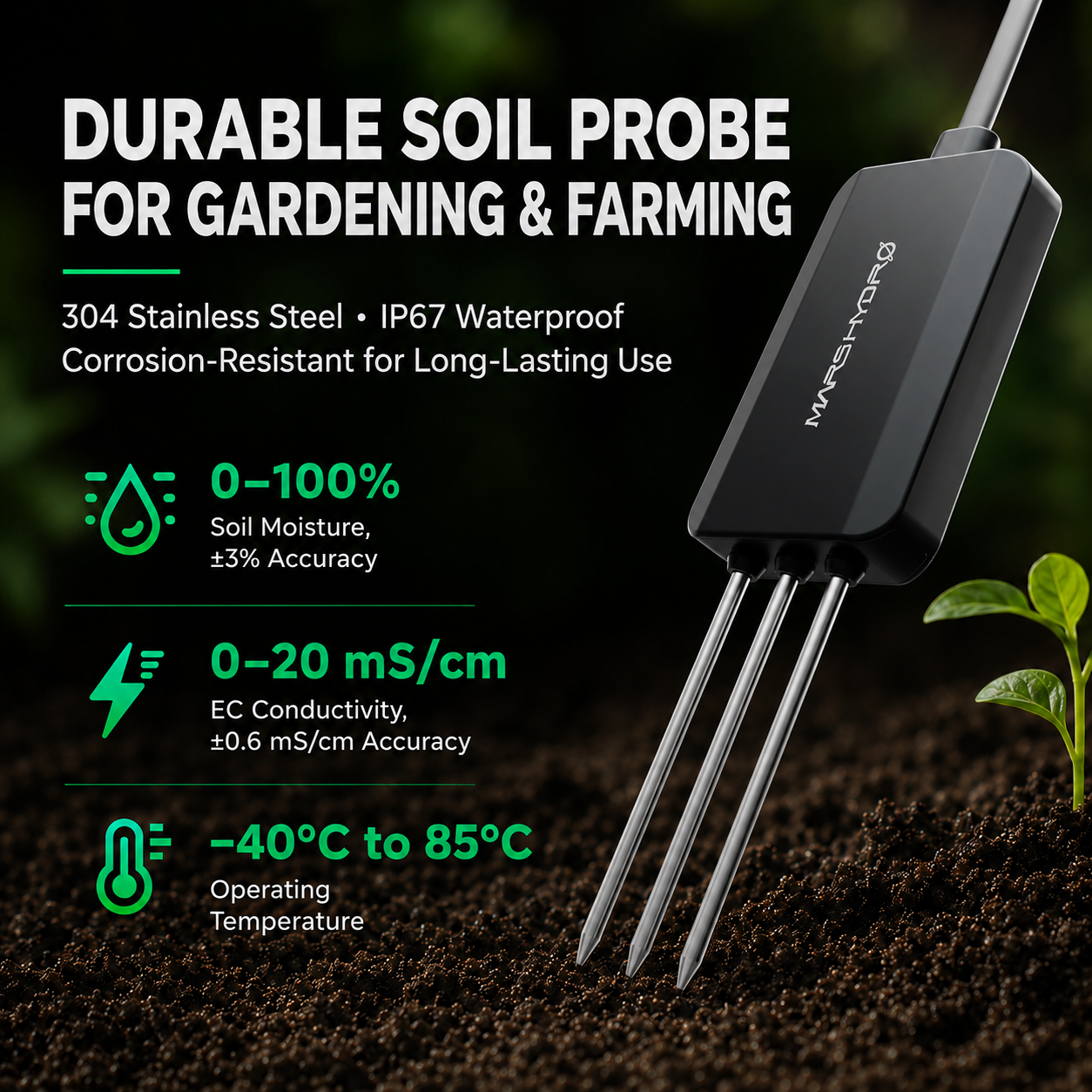 Mars Hydro smart soil sensors set, black 3-in-1 probes for measuring soil moisture, temperature and EC value