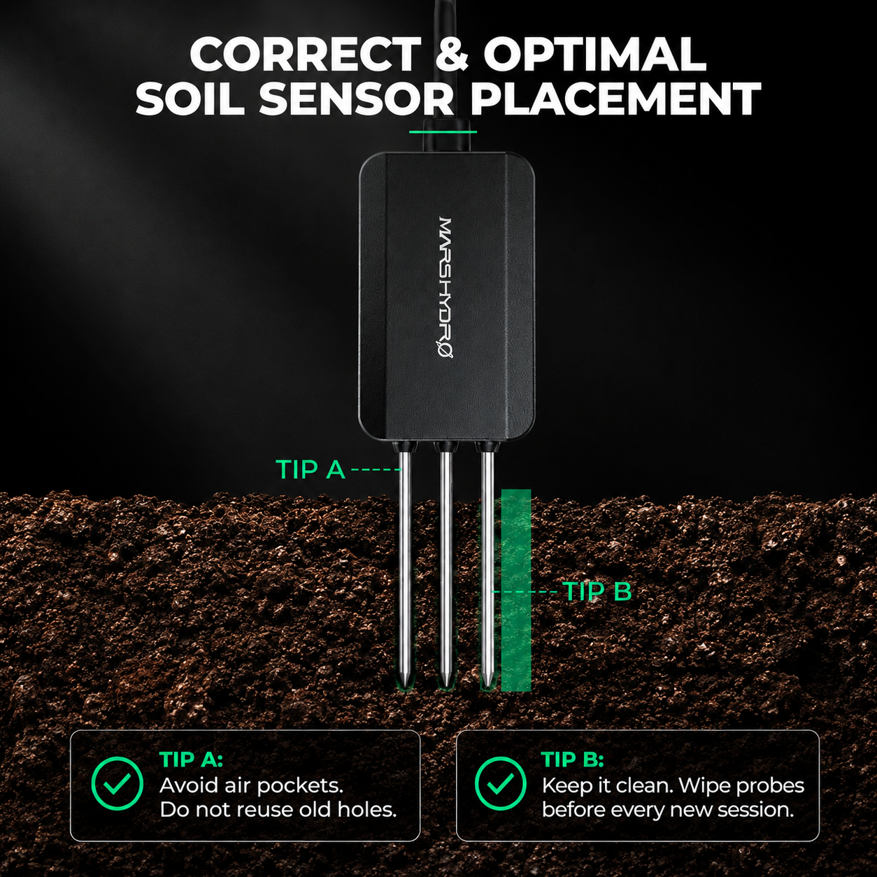 Mars Hydro black 3er set smart soil sensor probes for moisture, temperature, and EC value, shown inserted in soil