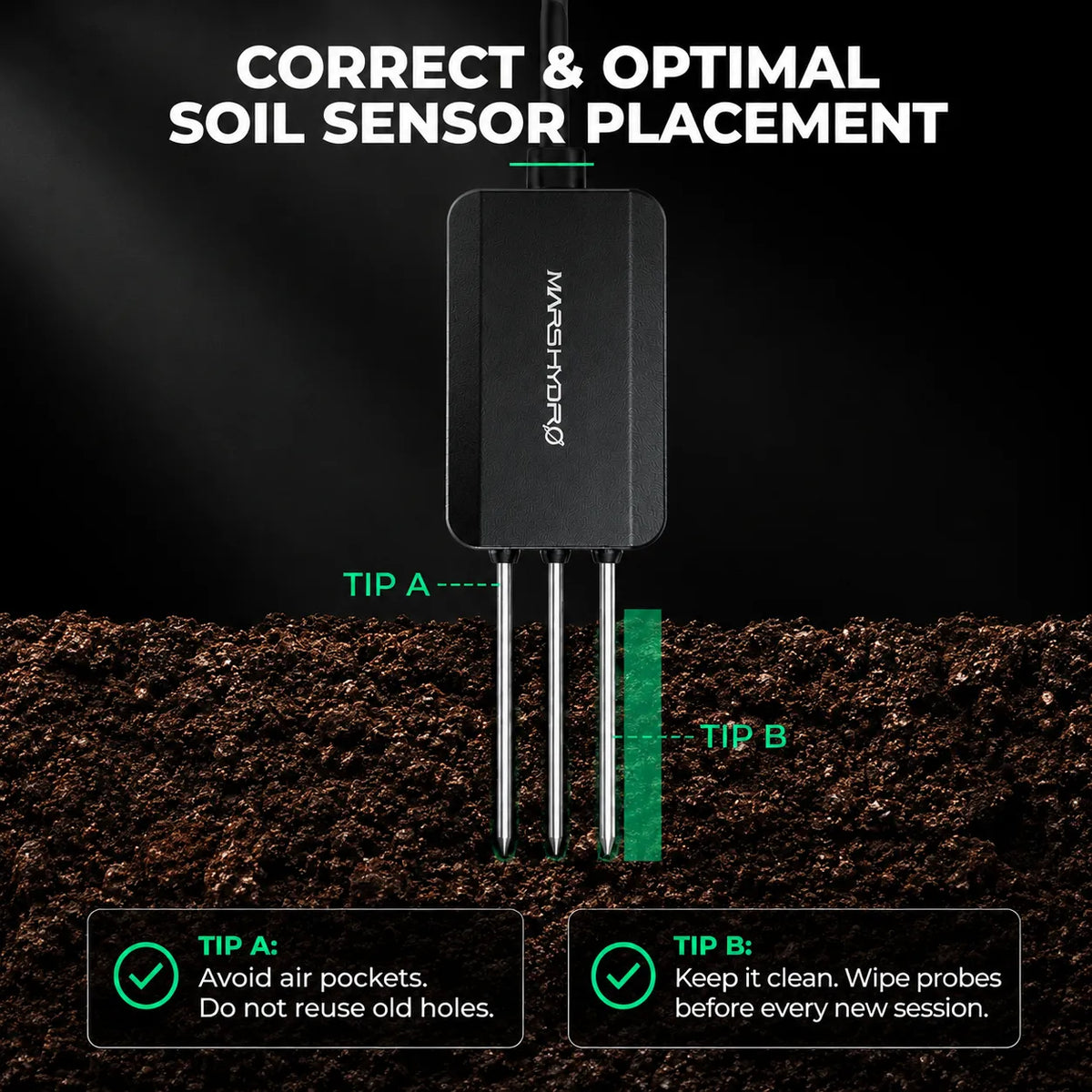 Mars Hydro black 3er set smart soil sensor probes for moisture, temperature, and EC value, shown inserted in soil