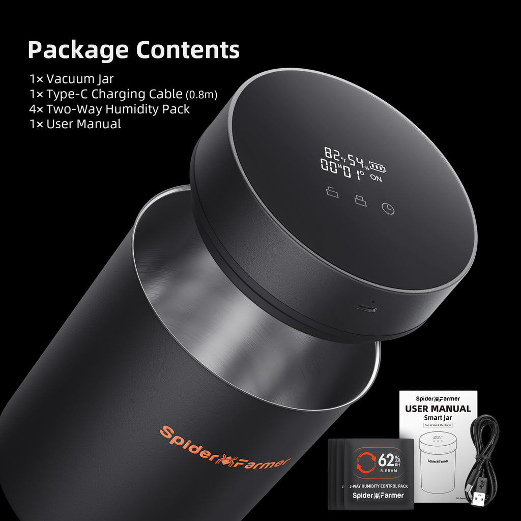 Smart Spider Farmer 2L Auto-Cure jar in sleek black with digital display — perfect for optimal curing and storage.