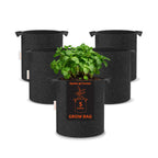Three black fabric grow bags, one holding a leafy green plant, with a visible five gallon label on the front