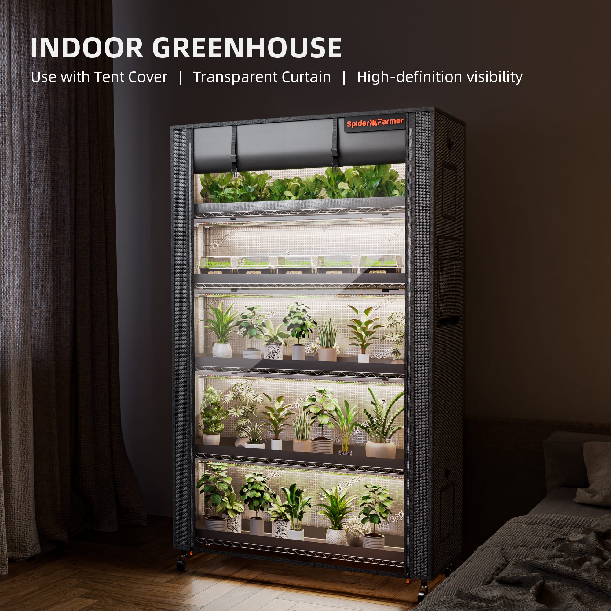 Innenansicht der sechs Ebenen des Pflanzen Stands bei aktivierter 220W Beleuchtung.