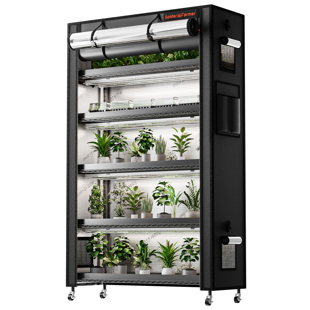 Spider Farmer 6-Etagen Pflanzen Stand mit 220W LED-Beleuchtung und 1680D Zelt.
