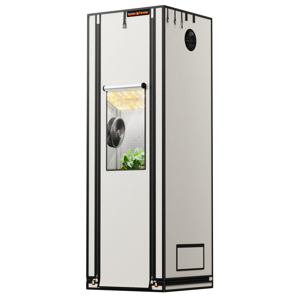 Hauptansicht (Pro-Modell): Spider Farmer Pro Growzelt 60x60x180 cm in Weiß aus 2000D Oxford-Gewebe mit Smart Side Storage für Controller.