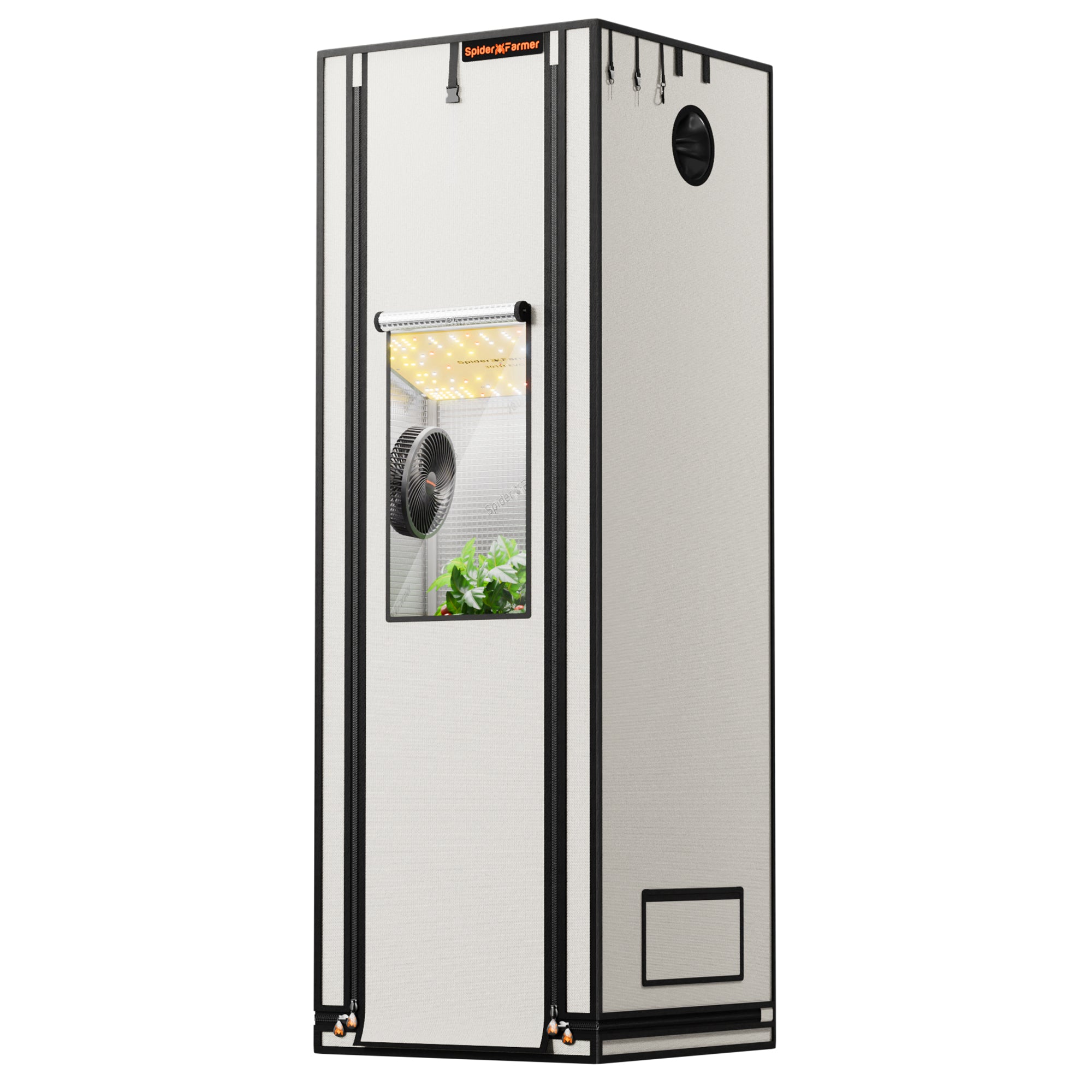 Hauptansicht (Pro-Modell): Spider Farmer Pro Growzelt 60x60x180 cm in Weiß aus 2000D Oxford-Gewebe mit Smart Side Storage für Controller.