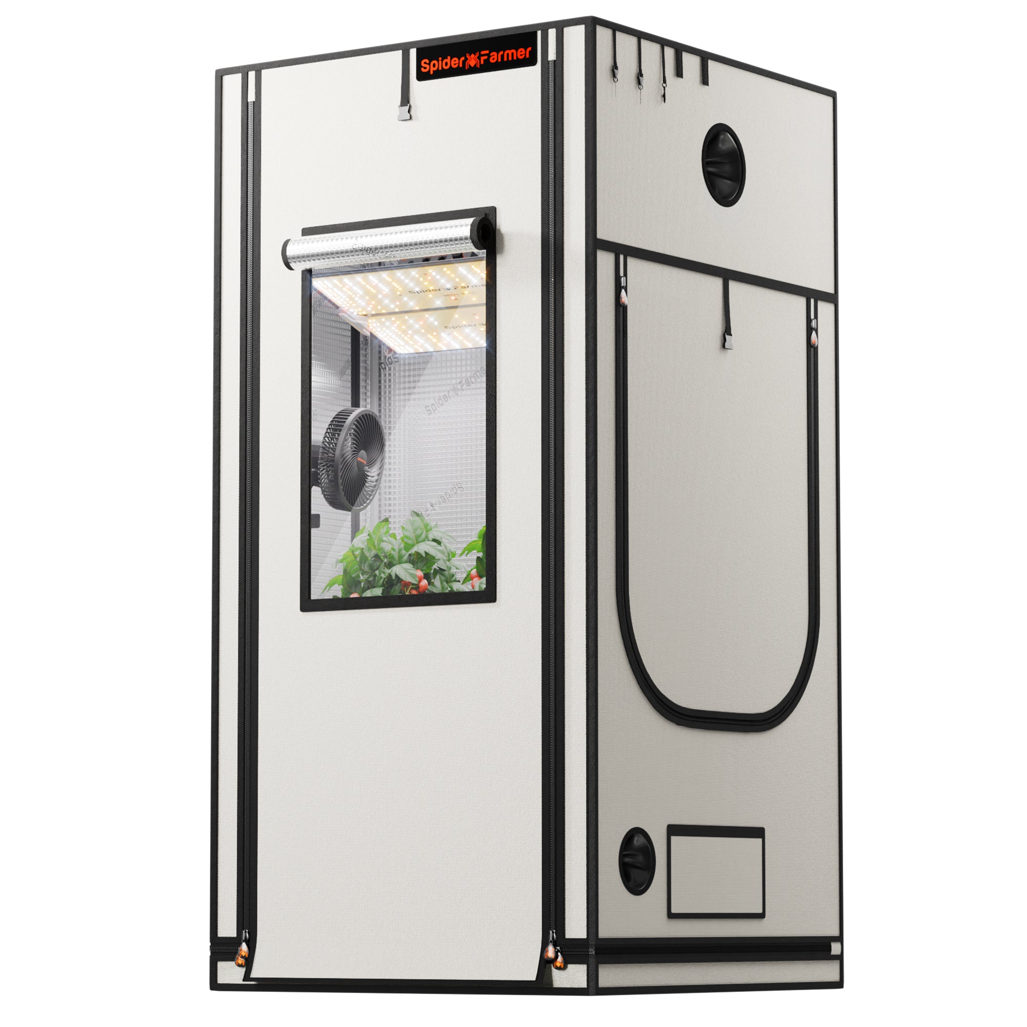 Weißes Spider Farmer Pro 90x90x180cm Growzelt aus lichtdichtem 2000D Oxford-Gewebe.