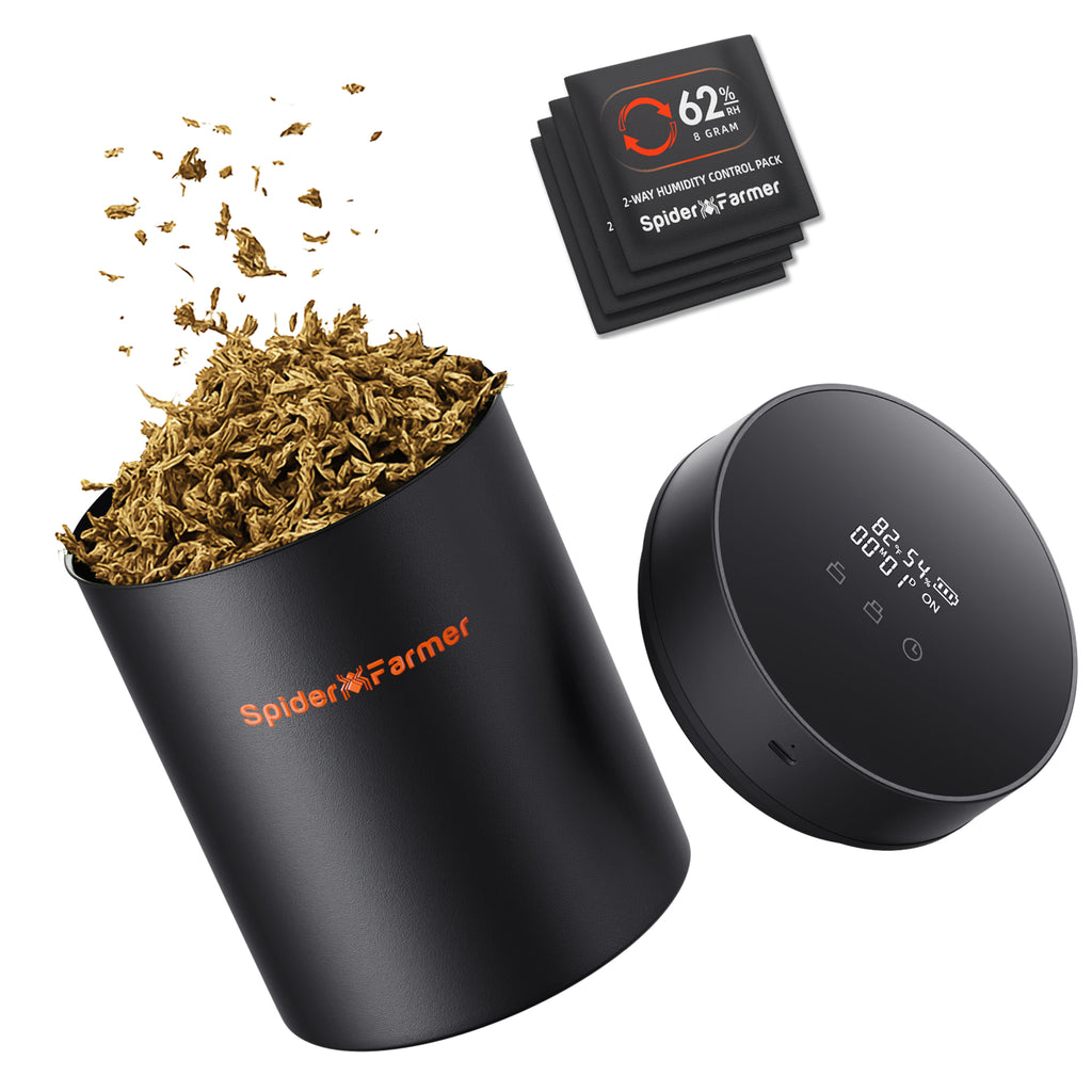 Spider Farmer 2L Auto-Cure Smart Jar in sleek black — innovative storage solution with precise humidity control for curing.