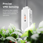 White hanging sensor with temperature, humidity, light, and soil sensor labels, suspended above green plants