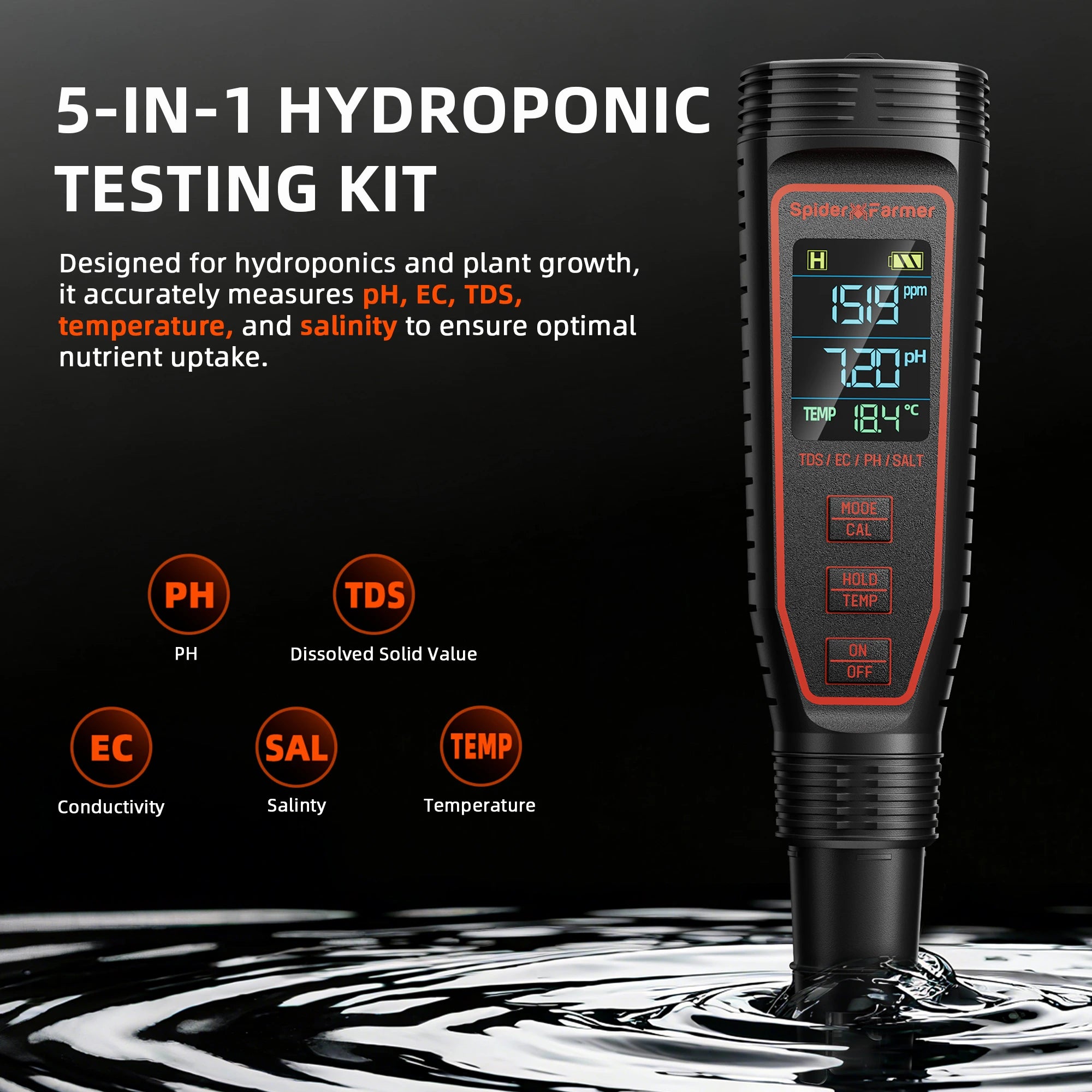 Spider Farmer 5-in-1 pH- & EC meter with a digital display — designed for accurate measurement of pH, EC, and temperature in hydroponics