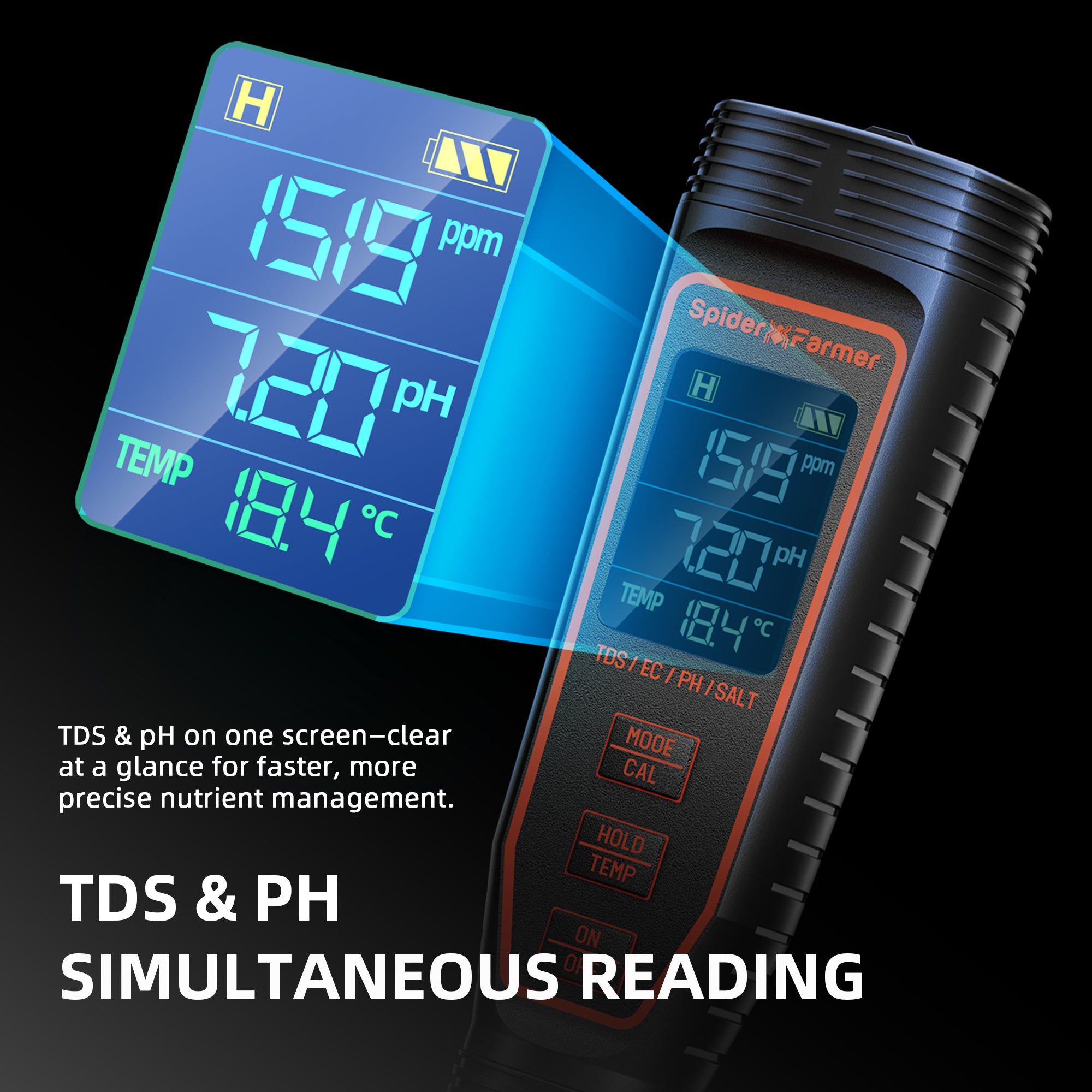 Spider Farmer 5-in-1 pH and EC meter with a clear digital display — providing simultaneous readings for precise nutrient management
