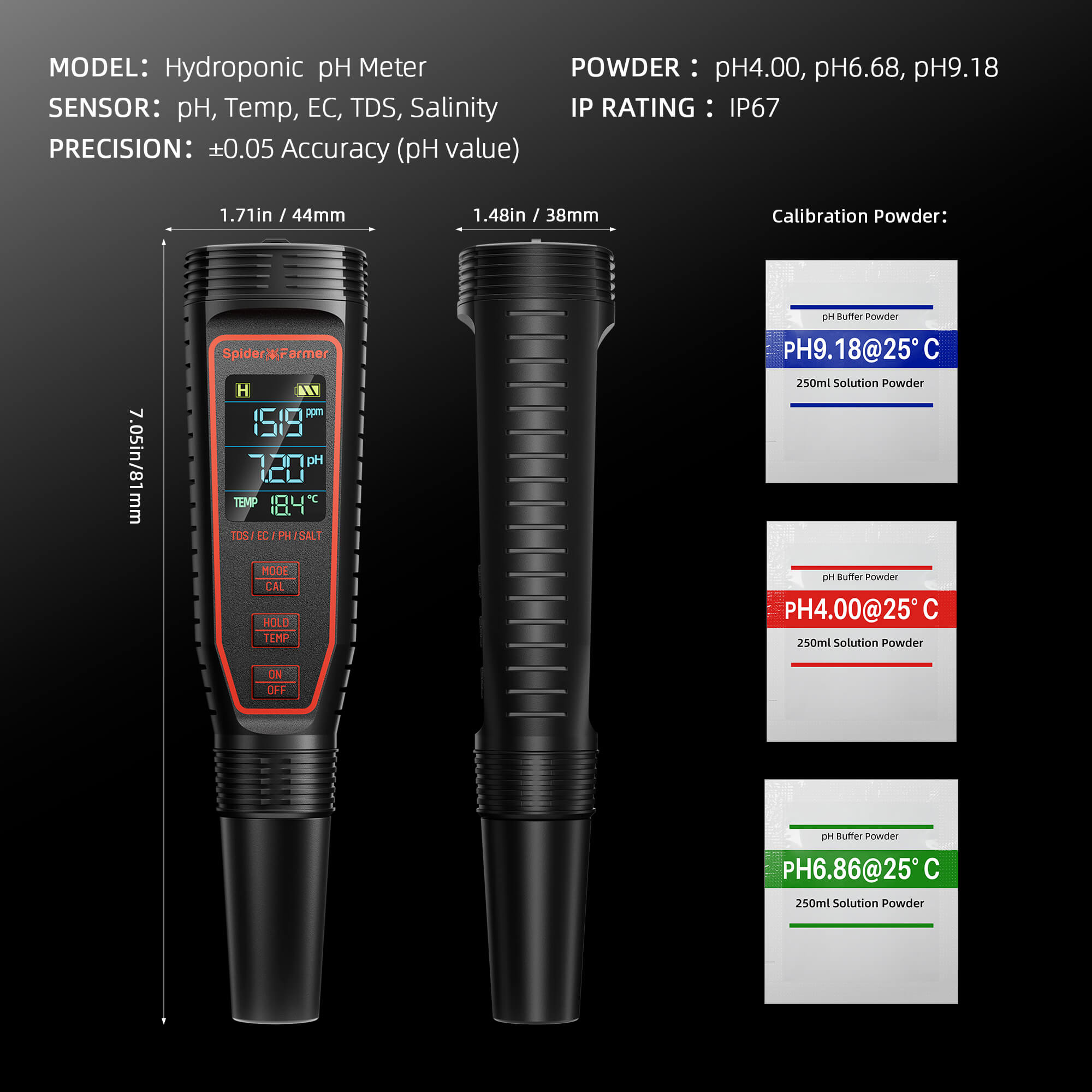 Spider Farmer 5-in-1 pH and EC meter with a sleek black design — features precise readings for pH, temperature, and conductivity.