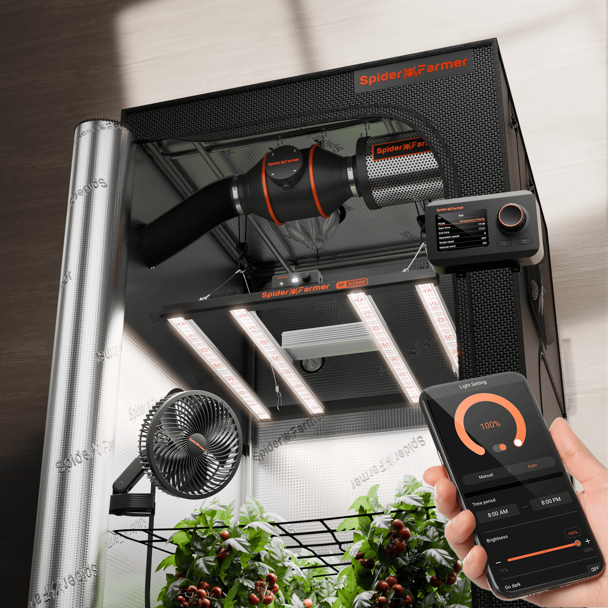 Spider Farmer G3000 Smart Komplettset 90x90x180cm mit App-Steuerung Übersicht.
