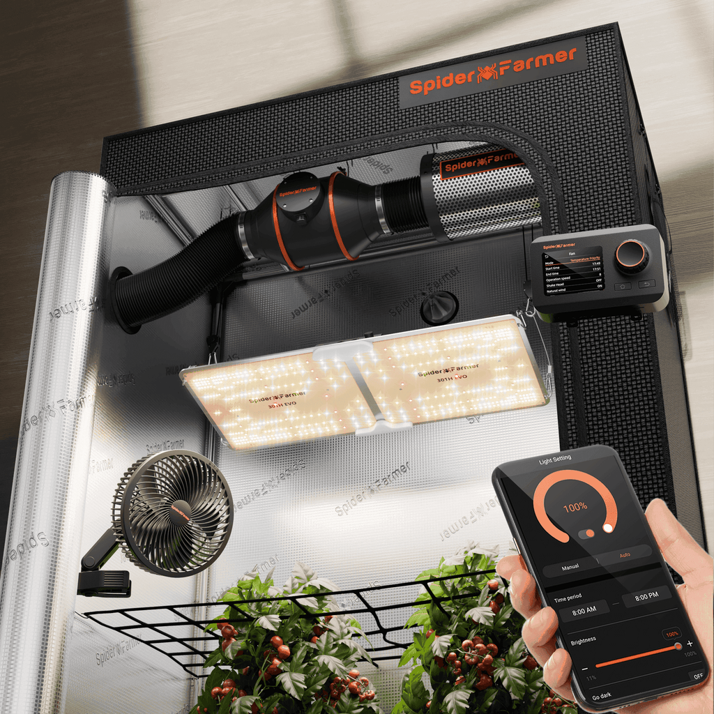 Spider Farmer SF2000-EVO smart grow tent with LED lights and ventilation system — compact design for efficient indoor gardening